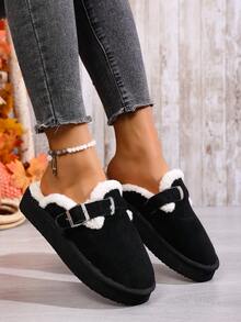 Pantoufles fourrées grande taille pour femmes, semelle épaisse, chaussons fourrés à enfiler fermés pour l'automne/l'hiver - Noir - Voir 4