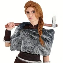 1 件维京棕色复古风格毛皮披肩，适合万圣节、狂欢节、舞台表演、服装道具保暖毛绒披肩 - 棕色 - 查看 7