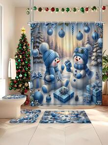 1/4 pièces Ensemble de rideaux de douche d'hiver de Noël, boules de Noël bonhomme de neige, cadeaux. Rideau de douche en polyester bleu mignon, imperméable et lavable pour la décoration de la salle de bain de Noël, avec 12 crochets. Tapis de bain en U et housse de siège de toilette non inclus