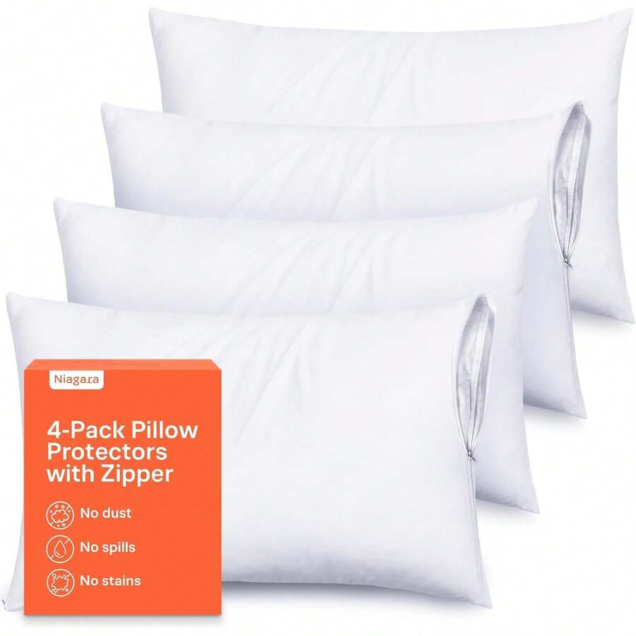 Ultra Soft Pillow Protectors With Zipper Standard Size - Set Of 4 Breathable Pillow Covers -% Against Stains, Dust & - Washable (White)