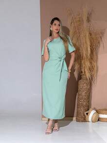 Long Dress With Short Sleeves With Belt Formal And Evening V775 - Verde Oliva - Ver 3