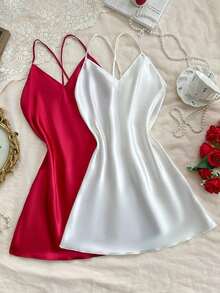 2pcs Solid Color Satin Cross-Strap Women Sleepwear Nightgown Babydoll, Bicolor Luxeloungewear - 彩色 - 查看 1