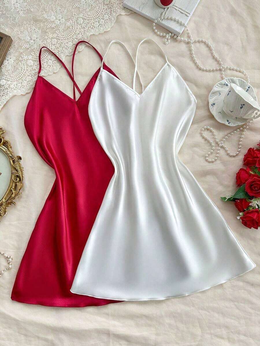 2pcs Solid Color Satin Cross-Strap Women Sleepwear Nightgown Babydoll, Bicolor Luxeloungewear - 彩色 - 查看 1