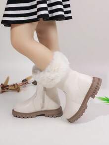 1 Pair Girls Autumn/Winter Warm Thermal Lined Waterproof PU Imitation Leather Comfortable Versatile Soft Bottom Lightweight Indoor/Outdoor Casual Boots, Children - White - View 5