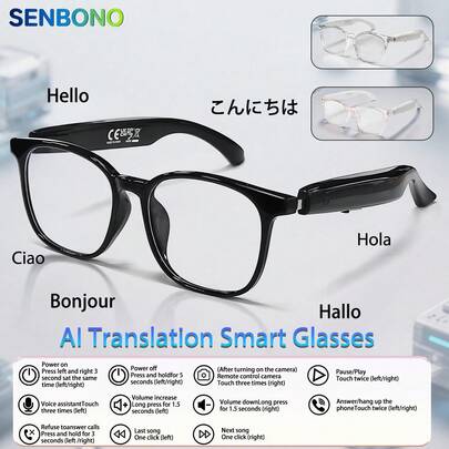  SENBONO AI Smart Glasses With Real-Time Translation, Wireless Music, Voice Calling, Music Playing,Smart AI Assistant - Powered, Compatible With Android/Smartphones - Ideal Gift For Men & Women - Smart Glasses With AI-Powered Features, Wireless Audio & Hands-Free Calling