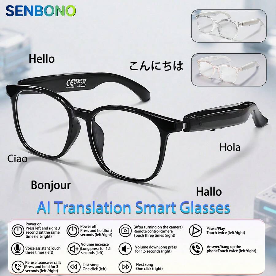 SENBONO AI Smart Glasses With Real-Time Translation, Wireless Music, Voice Calling, Music Playing,Smart AI Assistant - Powered, Compatible With Android/Smartphones - Ideal Gift For Men & Women - Smart Glasses With AI-Powered Features, Wireless Audio & Hands-Free Calling