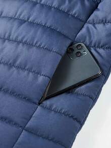 男士长袖纯色绗缝外套，男士休闲拉链绗缝保暖外套，舒适时尚户外休闲徒步外套，秋冬季 - 藍色 - 查看 6