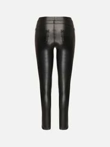 High Waist PU Leather Leggings With Faux Pockets - Black - View 7