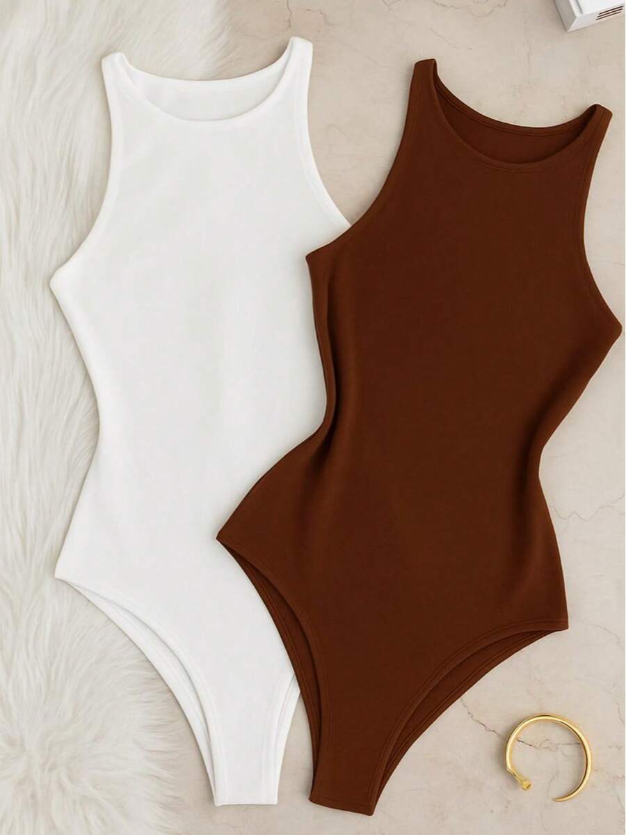 Kit 2 Bori Women's Bodysuits Basic Tank Top Casual Style Lined Second Skin Leotard Chic Timeless - 棕色/白色 - 查看 1