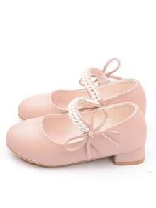 Girls Pearl Princess Shoes, White Leather Shoes, Mid-Heel, Spring/Autumn