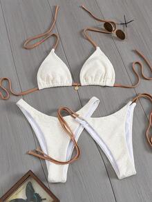 Conjunto de biquíni moderno com cores contrastantes, cor sólida, casual, bonito, elegante, sexy, top tipo bandeau, férias na praia - Bege - Ver 4