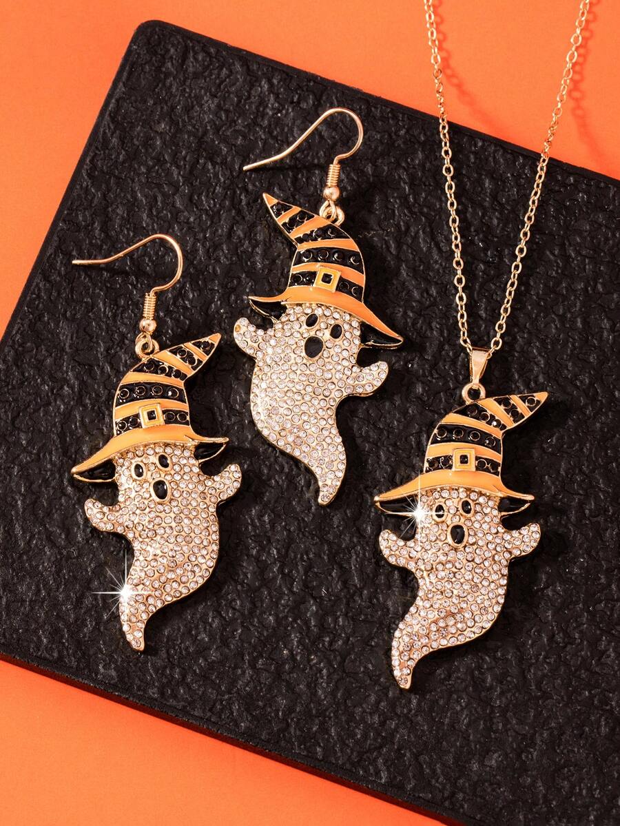 3pcs/Set Halloween Series Ghost Pumpkin Earnail Necklace Personalized Retro Full Diamond Ghost Pumpkin Skull