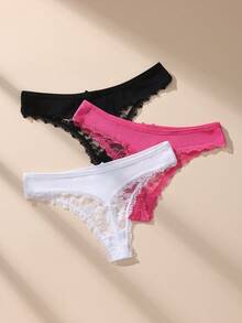 3pcs/Pack Women's Sexy Lace Patchwork Thong Panties With Cute Bow, Stretchy & Soft Skin-Friendly Underwear - Multicolor - View 4