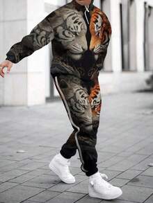 2025 New Men's Two-Piece Set, Featuring A Stand-Up Collar Half-Open Zipper Long Sleeve Polo Shirt And Casual Sports Long Pants Combination. The Long Sleeve Shirt Is Designed With A Two-Color Animal Digital Print, Paired With Matching Digital Print Long Pants. This Warm And Comfortable Two-Piece Set Is The Standout Outfit For Autumn And Winter.