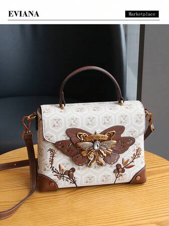 Bolso de mano de lujo de moda 2025 con herrajes de mariposa de rhinestone, estilo vintage floral, bolso cuadrado pequeño exquisitamente bordado, bolso de hombro cruzado de gran capacidad para ir al trabajo, bolso versátil para mamá, elegante monedero pequeño