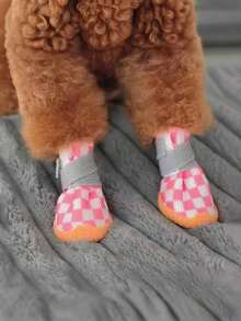 4pcs/Set Pet Outdoor Shoes, Cat Shoes, Dog Shoes For Small Pets, Breathable Shoe Covers For Teddy, Pomeranian, Bichon Frise, Schnauzer To Prevent Dirt And Slip, Stay On Paws - Pink - View 3