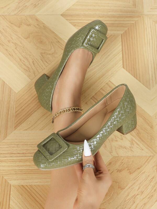 أحذية عمل ذات كعب سميك مريحة وقاعدة ناعمة ذات أصبع مربع للنساء، كعب عالي بلون أحادي