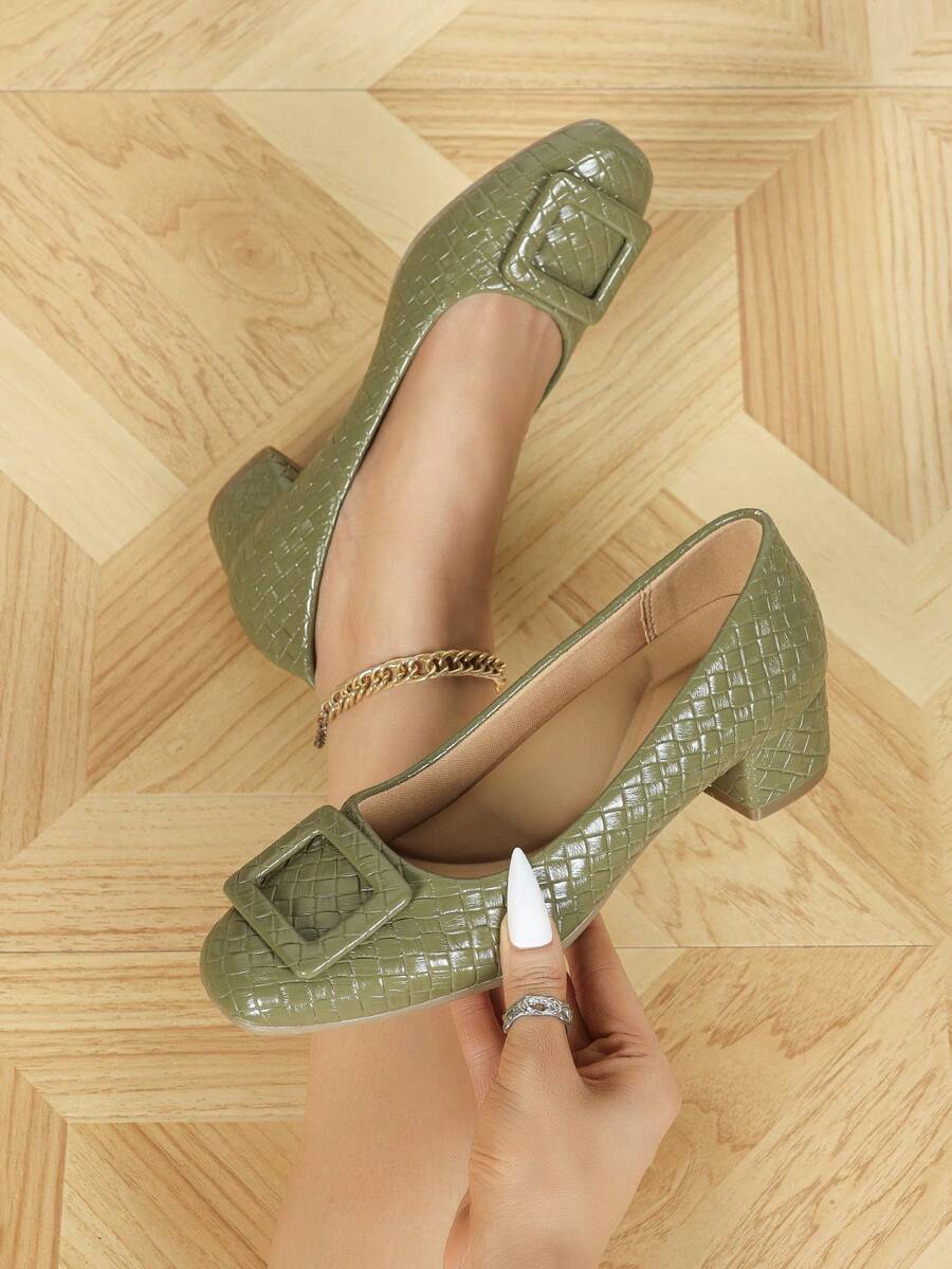 Women's Square Toe Comfortable Chunky Heel Soft Bottom Work Shoes, Solid Color High Heels - Green - View 1