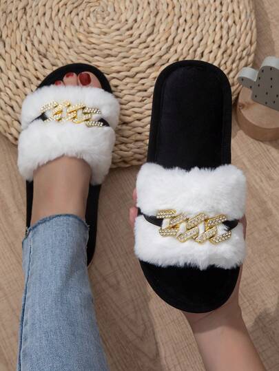 Women's Fashionable & Comfortable Fluffy Open-Toe Slippers With Shiny Chain Decor, Quiet Indoor Home Slippers For Couples & Students