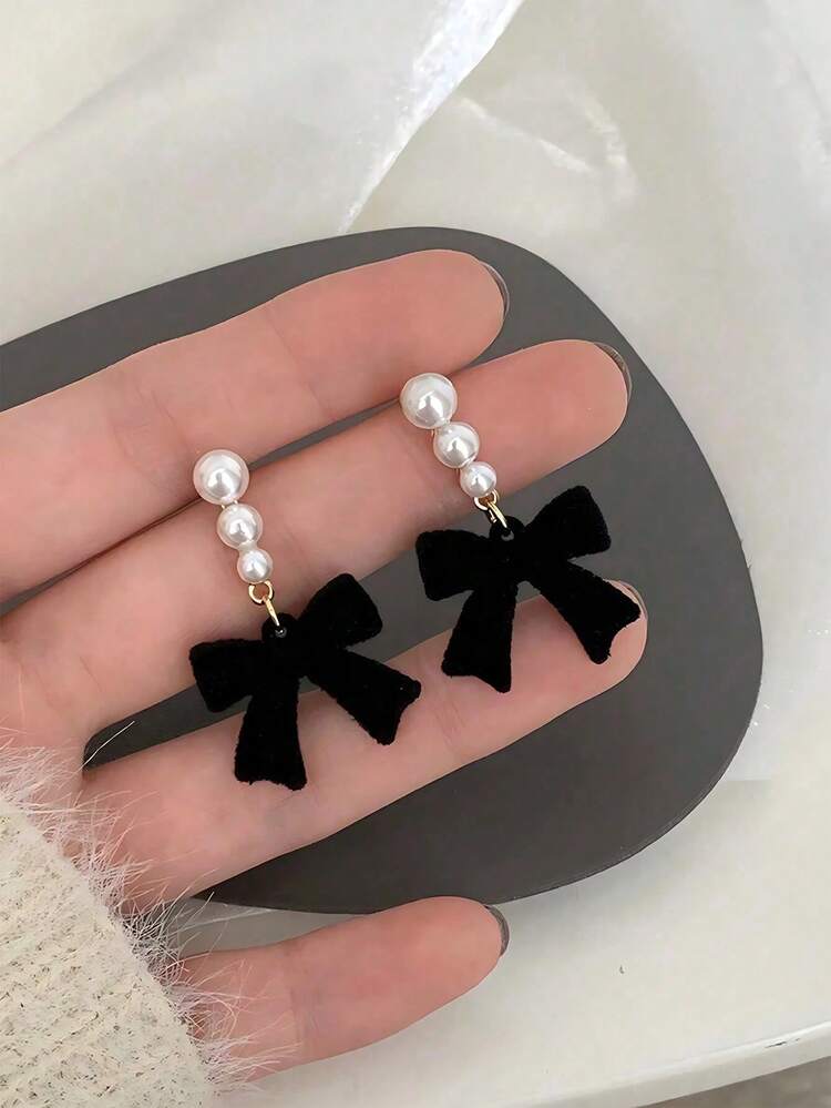 1 Pair Plush Black Pearl Bow Earrings,Suitable For Banquet, Party,Daily & Festival Wear