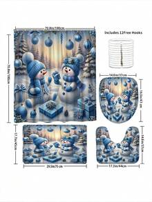1/4 pièces Ensemble de rideaux de douche d'hiver de Noël, boules de Noël bonhomme de neige, cadeaux. Rideau de douche en polyester bleu mignon, imperméable et lavable pour la décoration de la salle de bain de Noël, avec 12 crochets. Tapis de bain en U et housse de siège de toilette non inclus