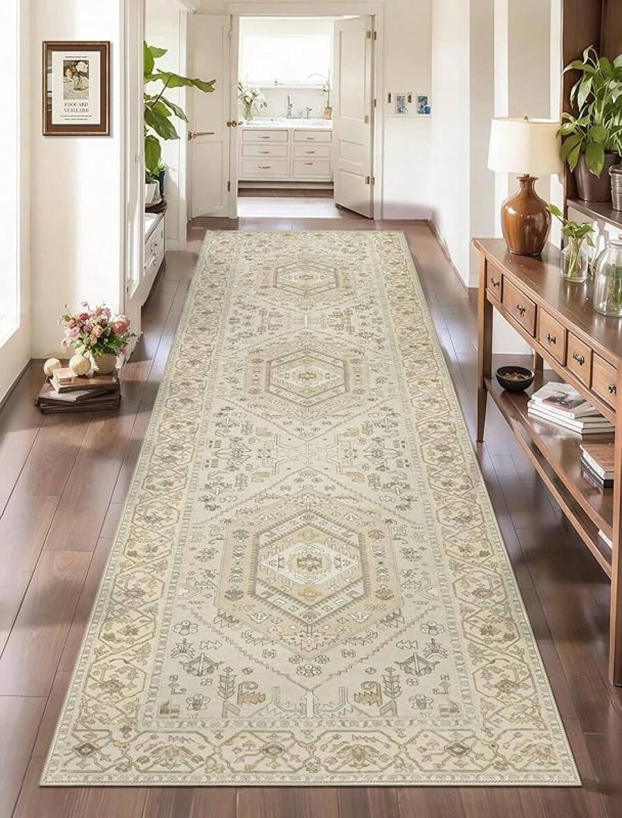 Runner Rug Hallways, 2'6x10' Washable Non Slip Kitchen Runner Rug, Long Boho Vintage Rust Hallway Stair Ultra Soft Print Floor Carpet Bedroom Bathroom Laundry Room, Home Decor - Beige/Multi - View 1