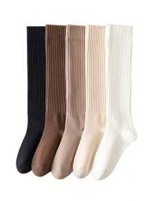 3 Pairs Autumn/Winter Thick Warm Vertical Striped Calf Socks, School Style Long Socks For Women (Random Assortment)