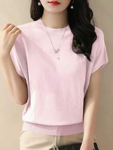 Fine Spun New Loose Short Sleeve T-Shirt Women, Distinctive Sleeveless Knit Sweater, Solid Color Undershirt Pink Summer - Pink - View 5