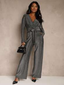 Viscose Wrap Neck Fashion Glitter Jumpsuit With Belt - Silver - View 2
