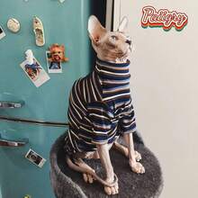 Autumn/Winter Hairless Cat Siamese Maine Clothing, Sphynx Devon Rex Abyssinian Skin-Friendly Breathable Warm Air Conditioning Sweater, High Neck Striped Short Sleeve Loungewear - Blue - View 1