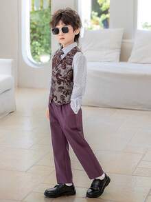 3pcs Young Boys Formal Suit Set - Vest + Pants + Tie, Suitable For School Performance, Wedding Pageboy, Party And Other Occasions - Hot Pink - View 3