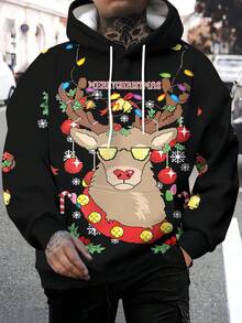 Christmas 3D Printed Fashionable Novelty Pattern Hooded Long Sleeve Sweatshirt For Men, Autumn/Winter Men's Pullover Hoodie With Drawstring And Pockets - Multicolor - View 1