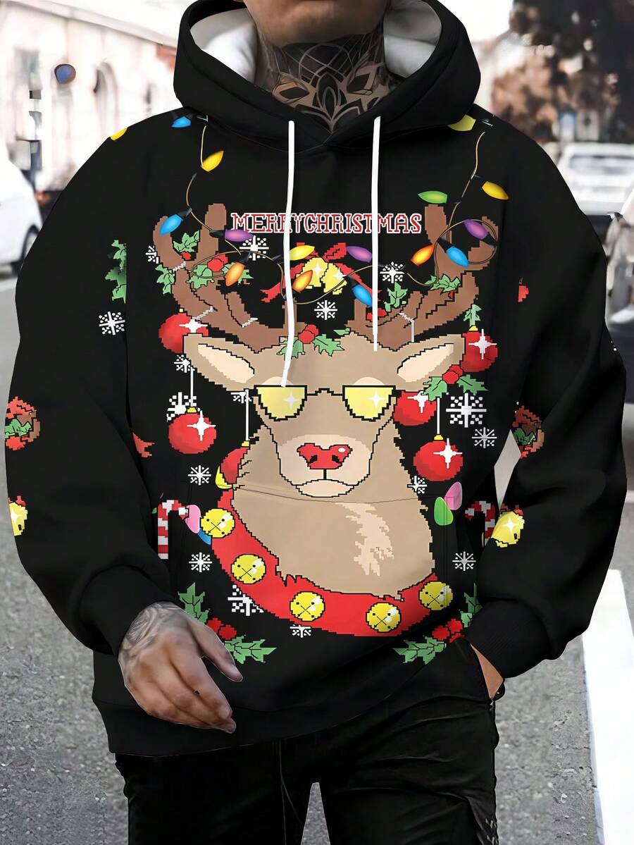 Christmas 3D Printed Fashionable Novelty Pattern Hooded Long Sleeve Sweatshirt For Men, Autumn/Winter Men's Pullover Hoodie With Drawstring And Pockets - Multicolor - View 1