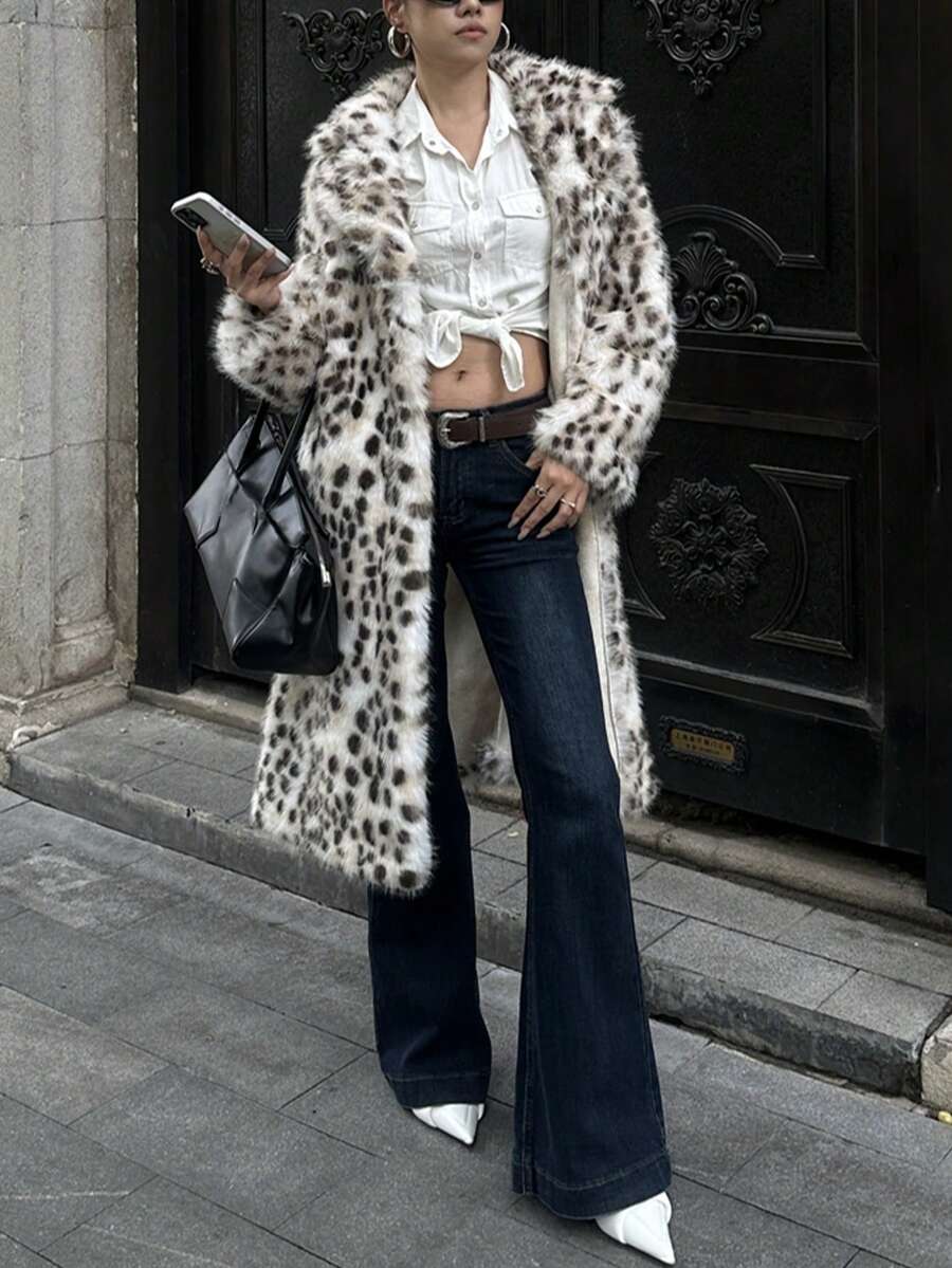 奢华女士豹纹仿皮草外套，翻领长袖及膝加厚柔软保暖内衬冬季夹克 - 斑點 - 查看 1