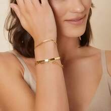 Women Bracelet Set, Elegant Geometric Bracelet & Snake Bone Bracelet + Chain Bracelet, 18K Gold Plated & 925 Silver - 金色 - 查看 2