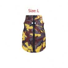 1pc Brown & Yellow Diagonal Geometric Camouflage Print Quilted Cotton Dog Coat With Back Zipper, Washable Pet Jacket Suitable For Large, Medium And Small Dogs, For Indoor Or Outdoor Wear