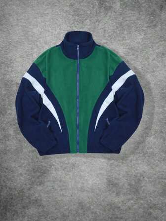 男士抓绒拼接撞色拉链领口袋冬季外套，休闲大学通勤装