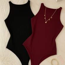 Kit 2 Bori Women's Bodysuits Basic Tank Top Casual Style Lined Second Skin Leotard Chic Timeless - 黑色/酒紅色 - 查看 1