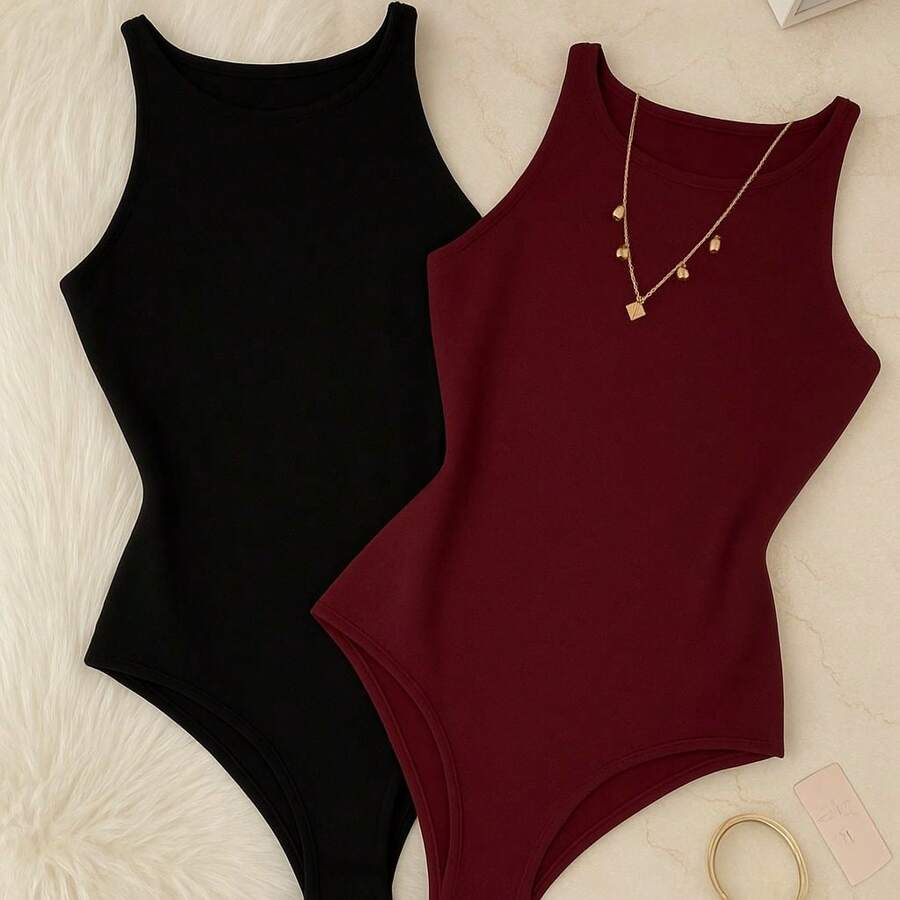 Kit 2 Bori Women's Bodysuits Basic Tank Top Casual Style Lined Second Skin Leotard Chic Timeless - 黑色/酒紅色 - 查看 1