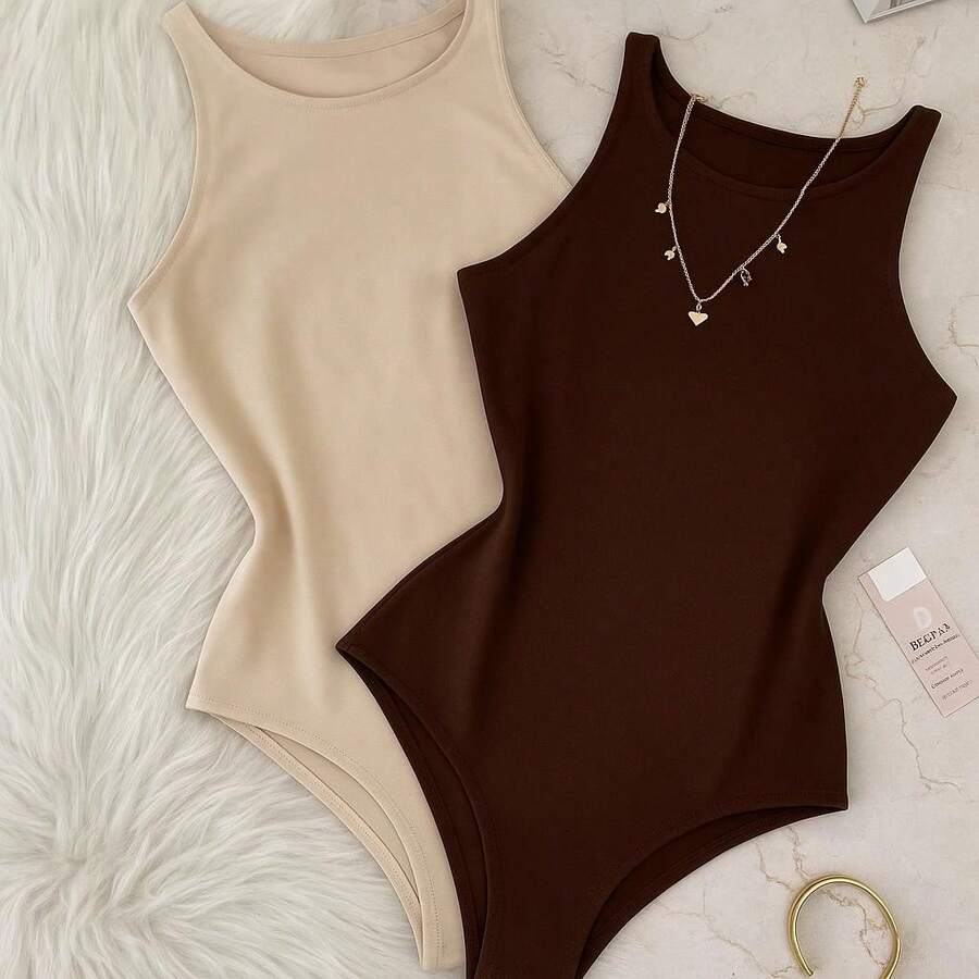 Kit 2 Bori Women's Bodysuits Basic Tank Top Casual Style Lined Second Skin Leotard Chic Timeless - 裸色/棕色 - 查看 1