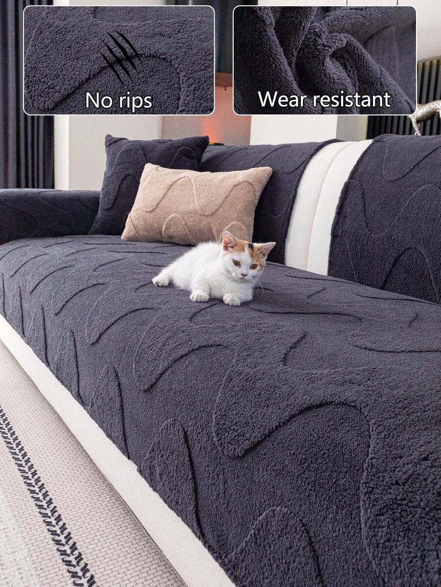 1pc Thick Plush Sofa Cushion Cover, Modern Minimalist Anti-Slip Warm Sofa Seat Pad, Dust-Proof Washable Sofa Slipcover, Black Fashion Soft Non-Fading Non-Shedding Bedroom Decor Pet-Friendly Protector, Adjustable For Corner Sofa, Suitable For Bedroom, Office, Living Room Combination Furniture, L-Shaped Sofa Blanket And 1/2/3/4 Seat Sofa Cover