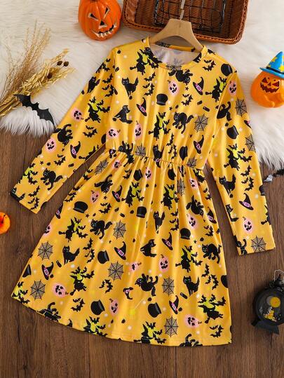 Sweet And Casual Cat Pumpkin Printed Long Sleeved Dress For Girls, Fashionable Yellow Dress For Spring And Autumn, Suitable As A Gift For Daughters