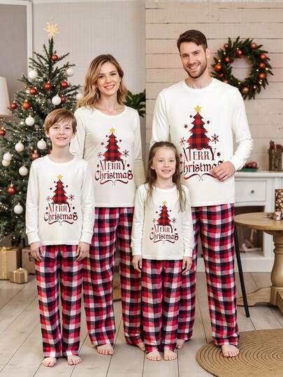 Ensemble de pyjamas de Noël assortis pour la famille, Top à manches longues avec imprimé lettres sapin de Noël et pantalon à carreaux, tenue de nuit pour les fêtes