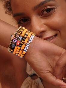 6-Piece/Set Halloween Themed Party Retro Ghost Pumpkin Polymer Clay Bead Bracelet Set,Bracelets For Women Set,Bracelet Stack,Halloween Decor Jewelry,Halloween Stuff,Vintage Western Jewelry,Suitable For Ladies To Wear On Halloween