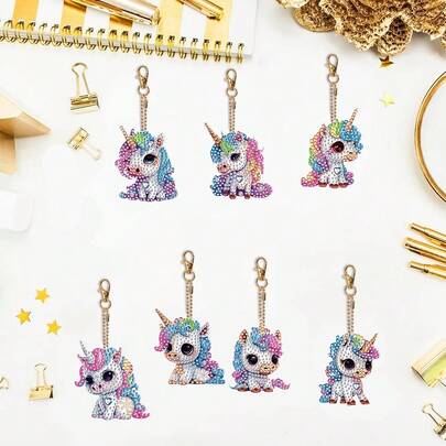 7 قطع سلسلة مفاتيح بتصميم وحيد القرن نمط ماس، طقم DIY 5D للمبتدئين، قلادة من الراين الأكريليك للحقائب والإكسسوارات، فكرة هدية مثالية، طقم رسم الماس الدائري