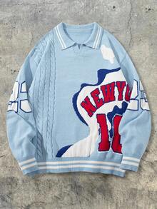 Jersey de cuello de polo con patrón de letras y números en inglés, unicolor, suelto y casual, con cuerda retorcida, lindo y juvenil, para otoño/invierno