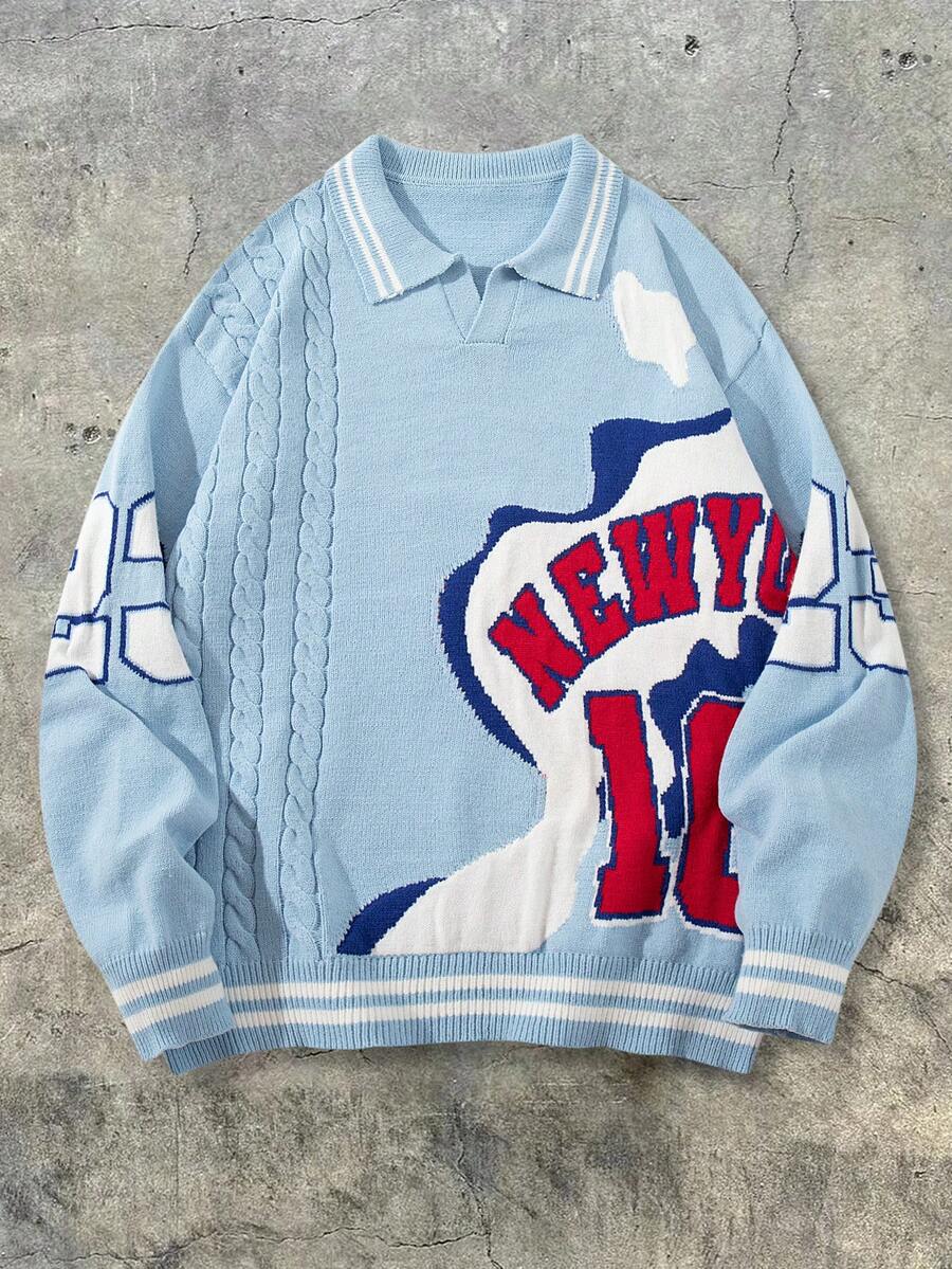 Jersey de cuello de polo con patrón de letras y números en inglés, unicolor, suelto y casual, con cuerda retorcida, lindo y juvenil, para otoño/invierno