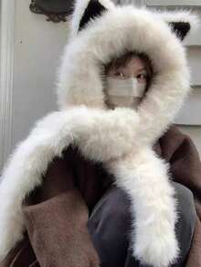 1 件可爱狐狸耳朵毛绒帽子，附带围巾，女士冬季保暖耳帽，多功能学生围脖，防寒 - 彩色 - 查看 3