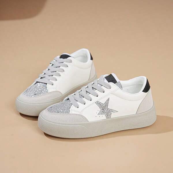 Women's Star Decor Lace-Up Low-Top White Casual Sneakers, Round Toe Dirty Shoes For Autumn