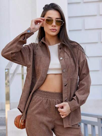 Oversized Corduroy Sports Suit With A Shirt ,Two Pieces Corduroy Lapel Collar Set - Button-Front, No-Elasticity, Solid Brown Outwear & Jogger Pants,All-Season Versatile Blouse , Polo Collar Style, Perfect For Casual Attire, Ladies Blouses, Casual Wear For Women